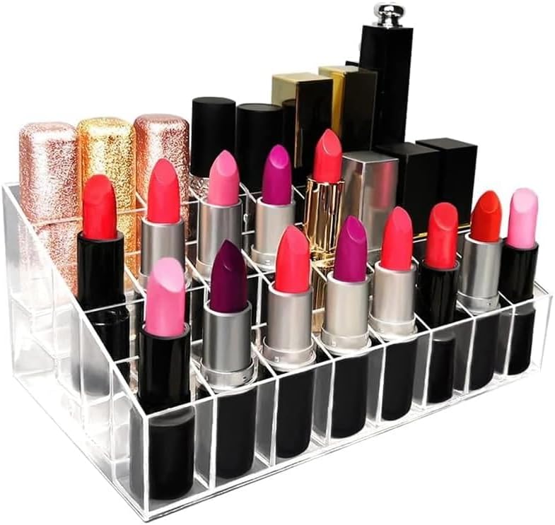 AMERTEER Lipstick Holder, 40 Spaces Clear Acrylic Lipstick Organizer Display Stand Cosmetic Makeup Organizer for Lipstick, Brushes, Bottles, and More