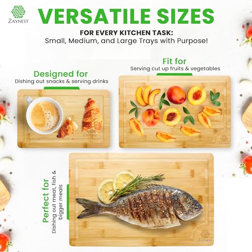 ZAYNEST Organic Bamboo Cutting Board Set ? 7-Piece Eco-Friendly Chopping Board with Juice Grooves, Stand & Wooden Utensils - Lightweight and Knife Friendly for Cutting, Cooking & Serving