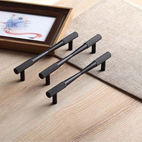CILEYTION 10 Pack Flat Black Drawer Pulls , 5 Inch Hole Centers Black Knurled Cabinet Handles, Solid T Bar Black Handles for Cabinets and Drawers
