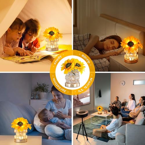 Sunflowers Flower Lamp Touch Lamp, 3-Colour LED Artificial Flowers Small Table Lamp Night Light with Crystal Clear Glass Vase, Rechargeable Cordless Table Lamp,Gift for Valentine Day,Mothers Day