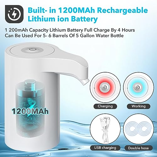 Msxcse Electric Water Bottle Pump, USB Charging Dispenser, Universal Pump for 5 Gallon Jugs, Portable Dispenser for Home & Camping (White)