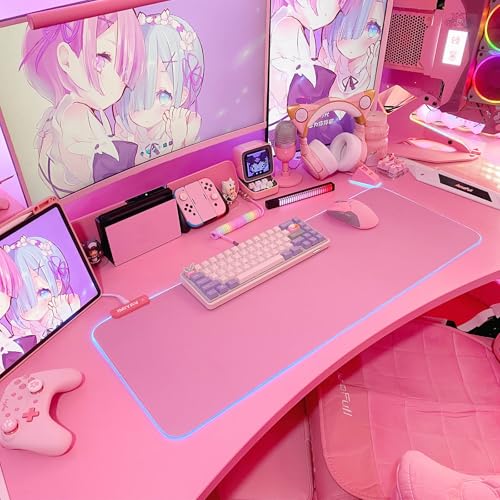 JMIYAV Pink RGB Gaming Mouse Pad 31.5x12 Inch PC XL Large Extended Glowing Led Light Up Desk Pad Non-Slip Rubber Base Computer Cute Mousepad Mat Desk Accessories Gaming Setup 31.5x12 Inch