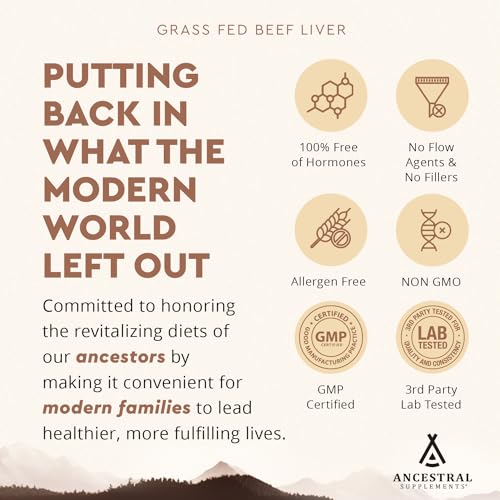 Ancestral Supplements Grass Fed Beef Liver Desiccated Natural Iron, Vitamin A, B12 for Energy (180 Capsules)