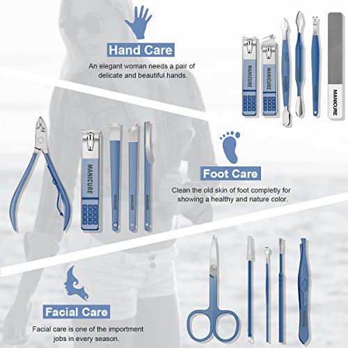 Leipple Manicure Set Professional Nail Clippers Pedicure Kit, 16 pcs Stainless Steel Nail Care Tools Grooming Kit with Luxurious Travel Leather Case for Thick Nails Men Women Gift (Blue), One Size