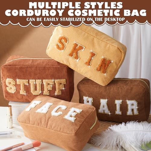 Pinkunn 4 Pcs Preppy Makeup Bags Christmas Chenille Letter Bag Face Skin Hair Stuff Cosmetic Bag Corduroy Makeup Pouch with Zipper Birthday Gifts for Women(Purple, Pink, White, Blue,Corduroy)