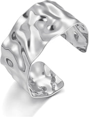 Hammered Chunky Cuff Bracelets for Women Vintage Boho Wide Bangle Bracelets Irregular Statement Bracelet Thick Gold Silver Bracelet - White Gold Cuff