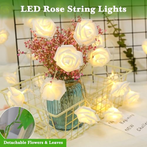 Wolii LED Rose Flower String Lights, Artificial Flower with LED Copper Light String for Marriage Proposal Wedding Birthday Party Christmas Valentine Indoor and Outdoor Decoration(White Rose)