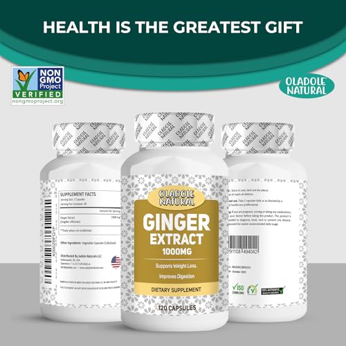 Oladole Natural Ginger Extract- 1000mg (120 Capsules) | Digestive Aid, Immune Booster, Maintain joint Health & Comfort, Supports Metabolic Function, Potent antioxidant & Boost Energy | Non- GMO