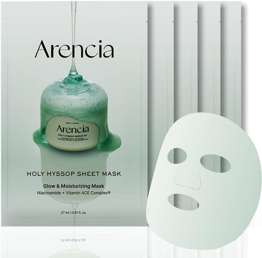 Hyssop Glow Sheet Mask, 5 Pack, Hydrating, Glowing, Boosting, Repairing for younger looking skin with Vitamin A,C,E