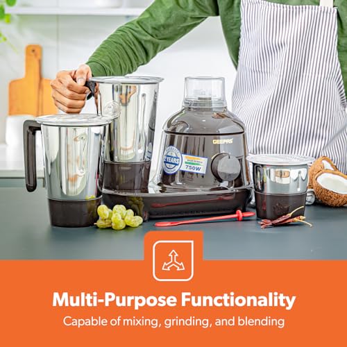 Geepas 3 in 1 Mixer Grinder, 750W Powerful Grinder, GSB44086 Stainless Steel Jars & Blades 3 Speed, Safety Twist Lock Perfect for Dry & Wet Fine Grinding, Black