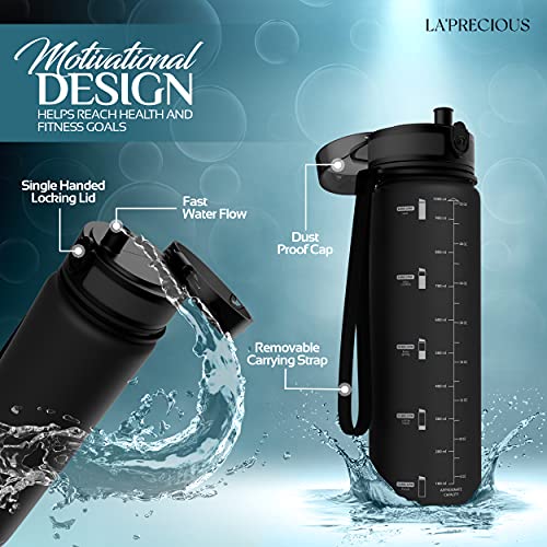 LA' PRECIOUS Water Bottle for Adults,1 liter-USA Tritan Material, Non-Toxic BPA Free, Fast Flow, Flip Top Leak Proof Lid. (Midnight Black)