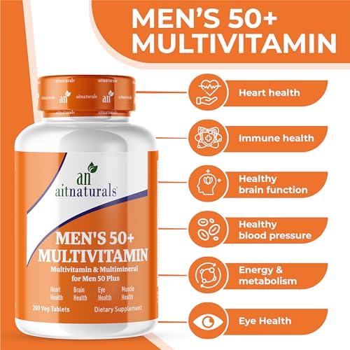 Aitnaturals Men's 50+ Multivitamin (200 Tablets) | Multimineral with Vitamin A, C, D, B6, B12 E, K& Zinc, Magnesium for Older Adults | Supports Memory & Cognition, Heart, Eye, Muscle & Immune Health