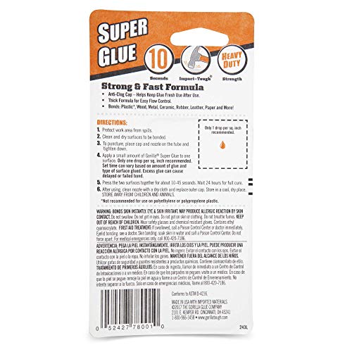 Gorilla Super Glue, Clear , 3g tube 2 pack ,7800101