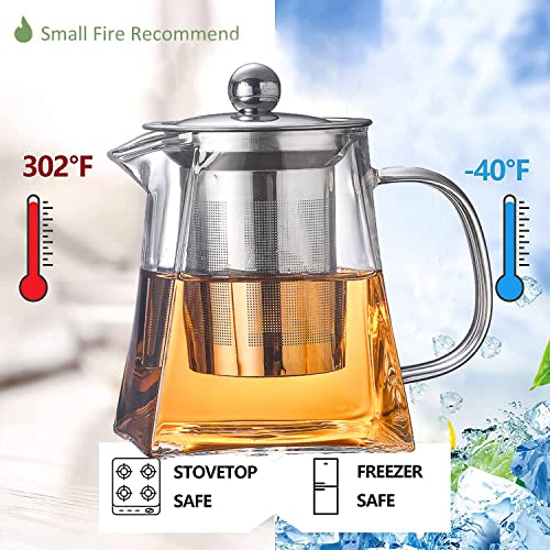 TAPIT 950ml Glass Teapot with Infuser, Borosilicate Glass Tea Kettle for Loose Leaf Tea, Transparent Teapot with Stainless Steel Removable Infuser,Microwavable and Stovetop Safe (950ml-Square)