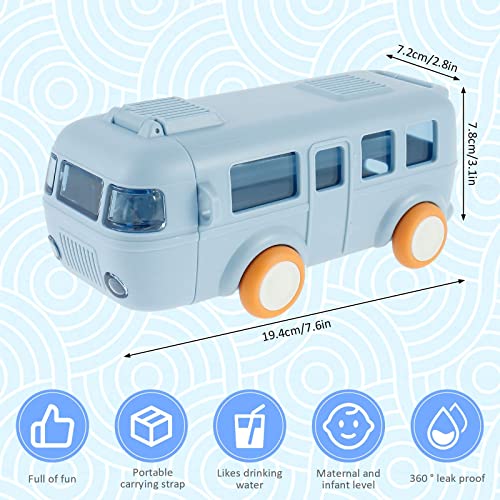 MIXDE Car Straw Water Cup, 16oz Summer Cute Bus Water Bottle with Shoulder Strap, Leak-Proof Kids Square Drinking Cup Cute Cartoon Water Jug Toy Locking Flip Lid Water Kettle for Kids (Blue)