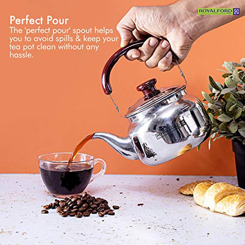 Royalford Stove Top Tea Kettle â€“ Large Capacity Stainless Steel Stove-top Tea Pot - Tea Coffee Pot Ideal for Home Office & Hotel â€“ Compact & Stylish Design with Heat Resistant Handle, 1 Liter
