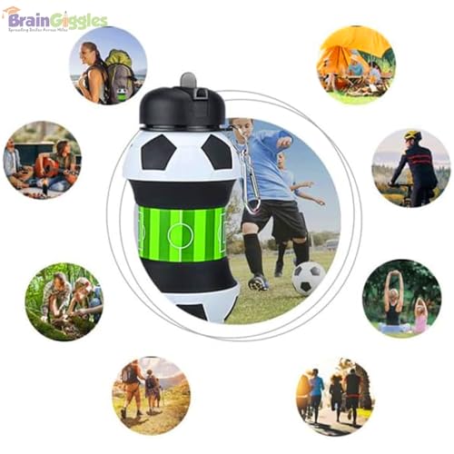 BrainGiggles Collapsible Water Bottle, Soccer Clip-On Silicone Foldable Tumbler for Kids, Portable Flexible Water Cup with Carabiner, BPA Free Leak Proof for Travel Camping Hiking Sport (500ML,White)