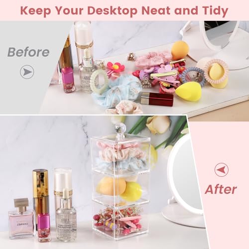 BLVRYVIO Hair Accessories Organizer, Bathroom Containers for Headbands, Bows, Ties, Tools, Scrunchies, Cotton Swab Organization - Clear 3 Stackable Acrylic Holder With Lids
