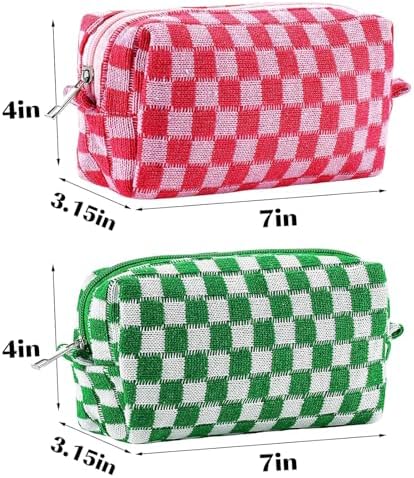 ZLFSRQ 3Pcs Checkered Makeup Bag for Women Large Cosmetic Bag Set Travel Toiletry Bag Makeup Pouch Bag for Purse Pink Zipper Storage Bag Organizer Cute Small Aesthetic Girls Car Essentials Bag