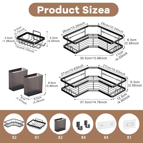 Zuooiec Corner Shower Caddy 3 Pack,Black Rust-Resistant Adhesive Shower Shelf No Drilling,Bathroom Shelf Shower Storage with Soap Holder&Hooks&Toothpaste Holders,Bathroom or Kitchen Accessories