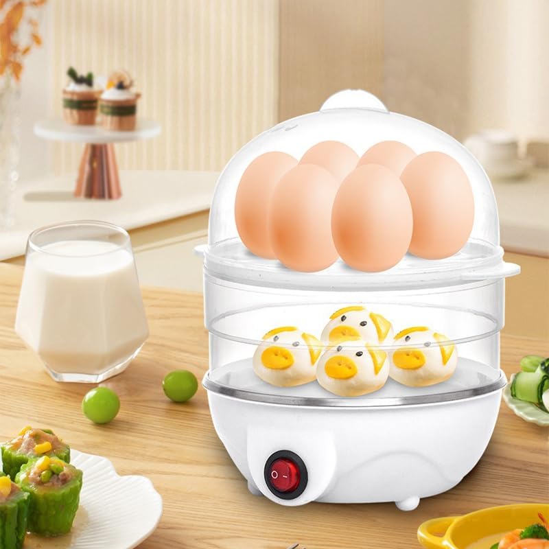 FDTY 1pcs Electric Egg Cooker,Double Layers Egg Cooker,14 Egg Capacity,for Poached,Omelets and Steamed Dumplings,350W,5.7 * 7.3 in,White
