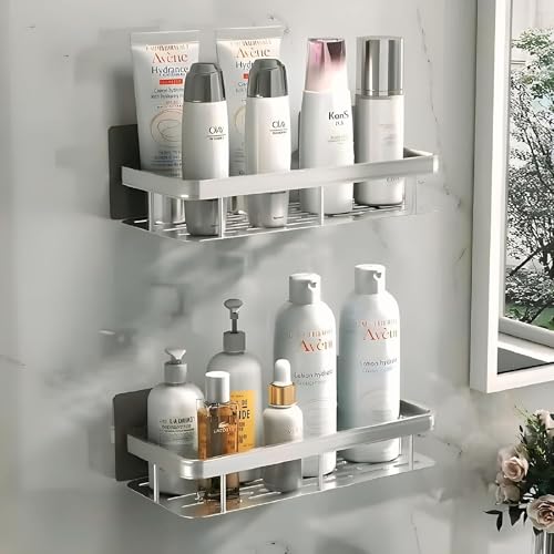 Shower Caddy Silver, Self Adhesive 2 Pack Shower Shelves with Hooks, Bathroom Organizer and Storage, No Drilling Rust Proof Aluminum Shower Racks, Bathroom Accessories