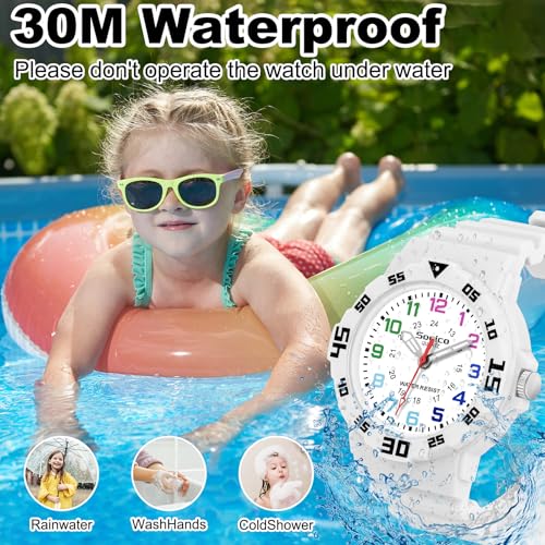 SOCICO Children Analog Watch for Boys Girls Waterproof Time Teaching Watch with Soft Band Learning Time Wrist Watch Easy to Read for Kids Great Gifts