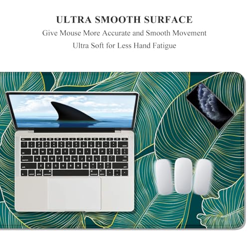 Auhoahsil Desk Mat, Ultra Large Mouse Pad, XXL Gaming Mousepad, Green Tropical Leaves Desk Pad, Big Extended Full Size Mouse Pad, Desktop Desk Matt for Keyboard, Laptop & Computer, 35.5 x 15.7 in