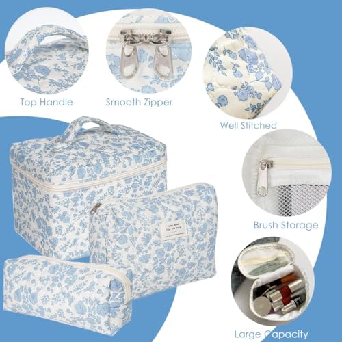 xiaochen 3PCS Makeup Bag Set,Cotton Quilted Makeup Bag,Floral Large Travel Cosmetic Bag,Flower Travel Toiletry Bag, Cute Aesthetic Toiletry Bag for Women Girls