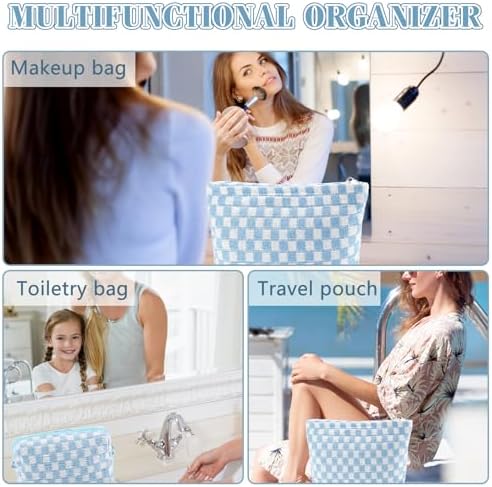 ZLFSRQ 3Pcs Checkered Makeup Bag for Women Large Cosmetic Bag Set Travel Toiletry Bag Makeup Pouch Bag for Purse Pink Zipper Storage Bag Organizer Cute Small Aesthetic Girls Car Essentials Bag