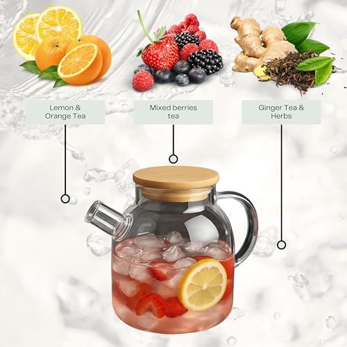 Power King Large 1.5 Liters Transparent Glass Teapot Stovetop & Microwave Safe Kettles for Brewing Hot or Cold Tea