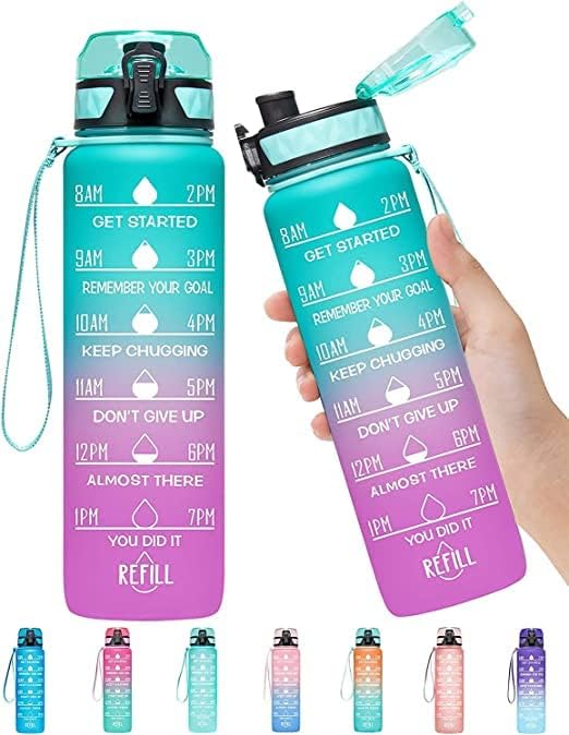 ECVV Motivational Large Water Bottle 1L Tritan Plastic Water Bottle With Time Markers, Leak Proof Water Bottle For Kids, School Water Bottles (MULTICOLOR)