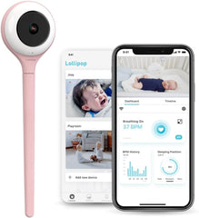 Lollipop Baby Monitor with True Crying Detection (Cotton Candy) - Smart WiFi Baby Camera - Camera with Video, Audio and Sleep Tracking Bundled with Portable Pacifier Holder