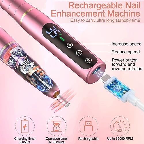 NAILGIRLS Rechargeable Cordless Nail Drill Machine, Portable Electric Nail Drill 35000RPM Professional Electric Nail File for Acrylic Gel Nails, Efile Manicure Pedicure Polishing,Pink