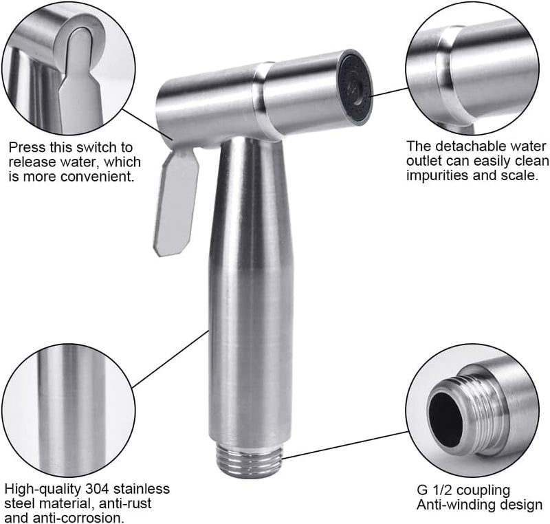 Tepengdie Handheld Bidet Sprayer Kit - Stainless Steel Shattaf With 1.5m Hose, Shower Head, Hands Free Spray Attachment for Toilet and Kitchen Cleaning