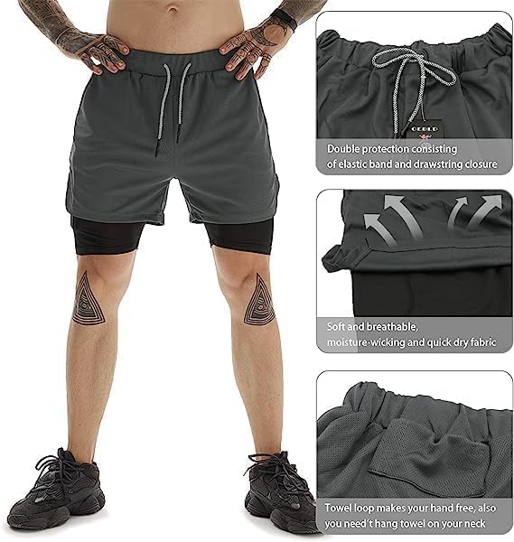 BananHome Men's 2 in 1 Running Shorts Gym Workout Quick Dry Mens Shorts Mens Athletic Shorts with Towel Loop and Phone Pocket