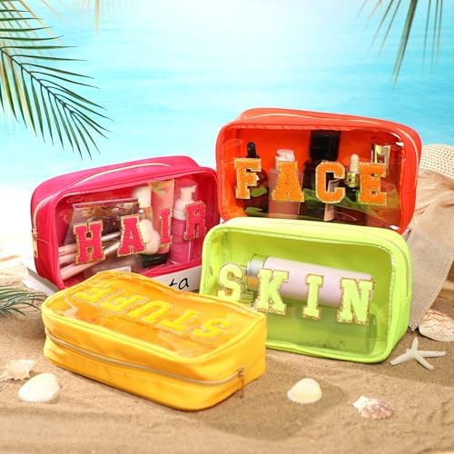 Pinkunn 4 Pcs Preppy Makeup Bags Christmas Chenille Letter Bag Face Skin Hair Stuff Cosmetic Bag Corduroy Makeup Pouch with Zipper Birthday Gifts for Women(Purple, Pink, White, Blue,Corduroy)