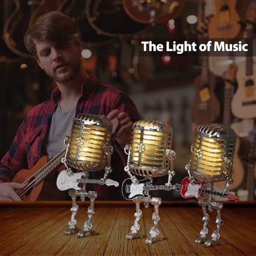 Xmpmrb Vintage Microphone Guitar Robot Lamp, Unique Design, White, Metal Plastic, LED, USB Powered, Tabletop, Bedroom, Energy Efficient