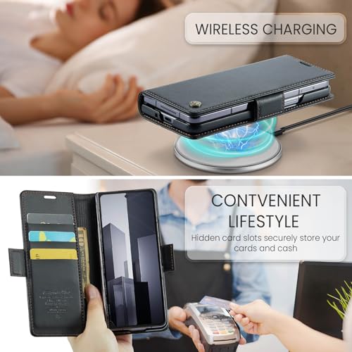 ELEPIK for Galaxy Z Fold 6 Case with Card Holder, Kickstand [3 Card Holder + 1 Cash Slot] [Durable PU Leather] Magnetic Wallet Phone Cover for Samsung Galaxy Z Fold 6, Fashion Black