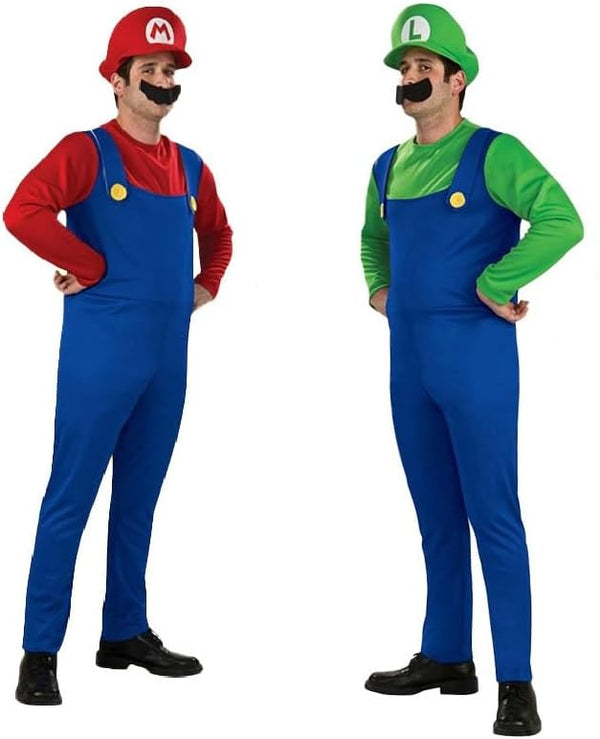 Super Brothers Costume for Mens Halloween Cosplay Mario Costume Adult Cartoon Outfits with Caps and Beard Accessory - Green