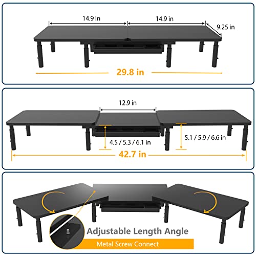 ETHU Dual Monitor Stand ,Double Monitor Riser for PC,Computer, Laptop and Printer,3 Adjustable Shelf Length and Angle Desktop Stand Organizer with Phone Holder and Drawer,Office Accessories Black