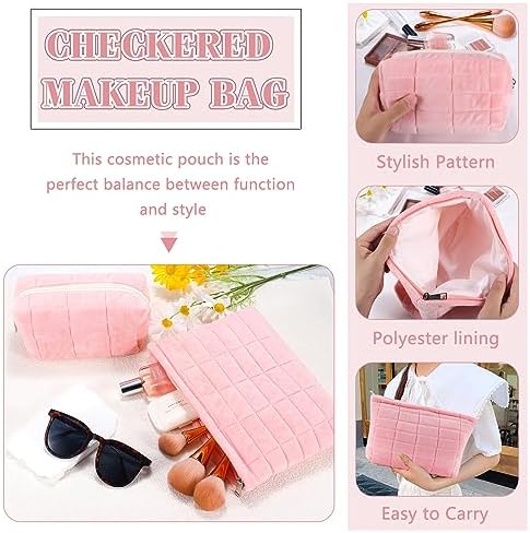 ZLFSRQ 3Pcs Checkered Makeup Bag for Women Large Cosmetic Bag Set Travel Toiletry Bag Makeup Pouch Bag for Purse Pink Zipper Storage Bag Organizer Cute Small Aesthetic Girls Car Essentials Bag