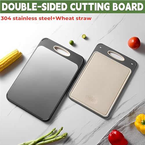 Beauenty Cutting Board,Double Sided Cutting Board 304 Stainless Steel Cutting Board and Wheat Straw Chopping Board for Kitchen,16�11 in Large Chopping Board for Fruit,Vegetables,Meat,Easy to Clean