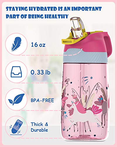 FJbottle Kids Water Bottle with Straw, 16 oz Leak Proof Plastic Toddler Bottle with Handle Water Jug Wide Mouth Drinking Bottle for Kids Sports School