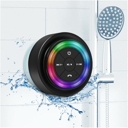 XLEADER Shower Speaker, Certified IPX7 Waterproof Bluetooth Wireless Speaker with Lights, Suction Cup and Mic for Bathroom, Crystal Sound&Bass, 12H Playtime, Ideal Electronic Gift