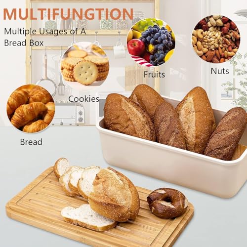 Bread Box, Large Bread Storage Container With Bamboo Wood Cutting Board Lid & Bread Slicer Holder, Rectangular Cream Color Bread Container, For Kitchen Countertop