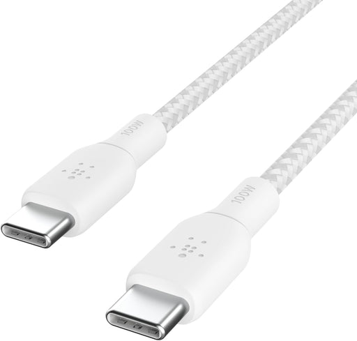 Belkin USB Type C to C Cable, 100W Power Delivery USB-IF Certified 2.0 USB C Charger Cable with Double Braided Nylon Exterior for iPhone 16, 15, iPad, MacBook, Galaxy, Pixel and More -2 m, white - 3M White