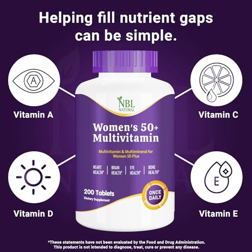 NBL Natural Women's Multivitamin for Women 50 Plus, Multivitamin Multimineral Supplement with Vitamin D3, B Vitamins, Supports Memory, and Cognition in Older Adults â€“ Once Daily, 200 Tablets