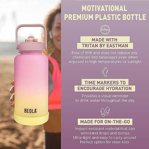 BEOLA 1000ml, 750ml, Motivational Water Bottle with Time Markers and Straw Lid, Tritan Plastic, BPA BPS FREE Leak Proof and Drop Resistant Office Bottles, 32oz, 25oz (Morning Rose, 1000ml)