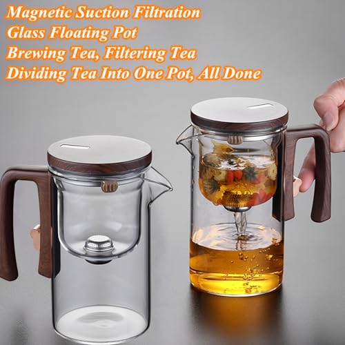 Beauenty Heat Resistant Glass Teapot,One Click Filter Separation Teapot,With Wood Grain Handle,Bulk Tea Brewer,Magnetic Adsorption Cover,Magic Glass Teapot With Detachable Filter(720ml/24oz)